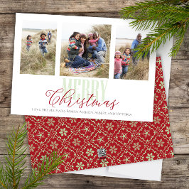 Tarjeta Festiva Navidades multiples tres copos de nieve verde rojo