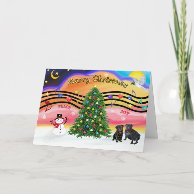 Tarjeta Festiva Navidades Música 2 - Pugs (dos negros) (Anverso)