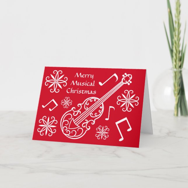 Tarjeta Festiva Navidades musicales merry violín rojo y blanco (Anverso)