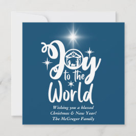 Tarjeta Festiva Navidades Natividad Alegría por el mundo azul y bl