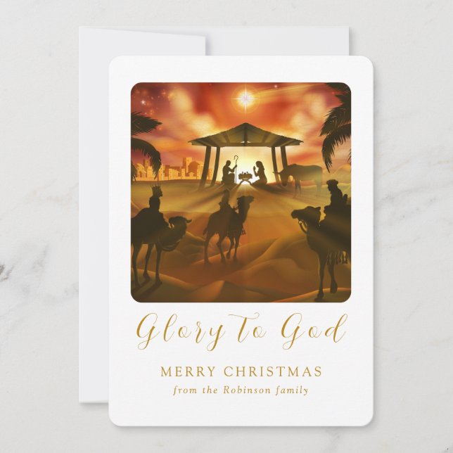Tarjeta Festiva Navidades Natividad Escena Gloria a Guión de Oro d (Anverso)