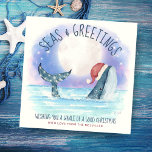 Tarjeta Festiva Navidades náuticos de Whale Santa Sea Moon & Stars<br><div class="desc">La tarjeta de Navidades de humor náutico presenta una ballena acuarela con un sombrero de Santa que nada en el mar bajo una luna mágica y estrellas con luces de cuerda decorando su cola. Los saludos "Seas & Greetings" y "Wishing you a whale of a good Navidades", junto con el...</div>
