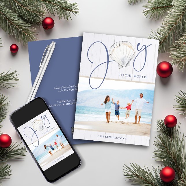 Tarjeta Festiva Navidades náuticos disfrutan de la foto del feriad (Nautical Christmas Joy Seashell Holiday Photo Card)