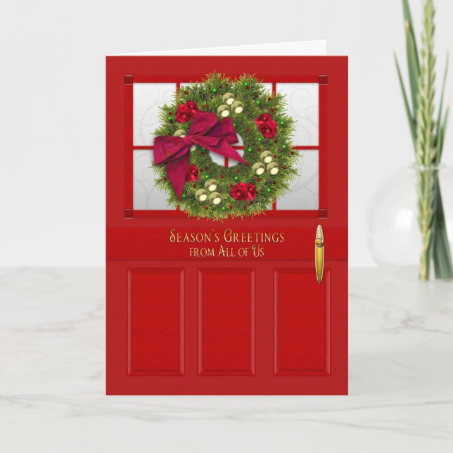 Tarjeta Festiva NAVIDADES, negocios, puerta roja/guirnalda, todos  (Anverso)