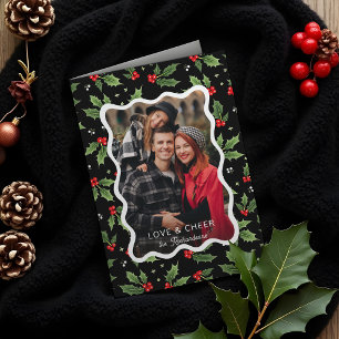 Tarjeta Festiva Navidades negros en negrita Holly Wavy Frame Photo