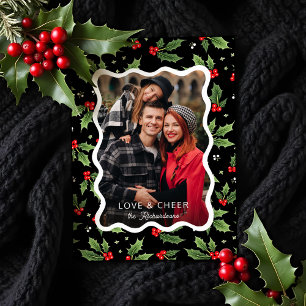 Tarjeta Festiva Navidades negros en negrita Holly Wavy Frame Photo