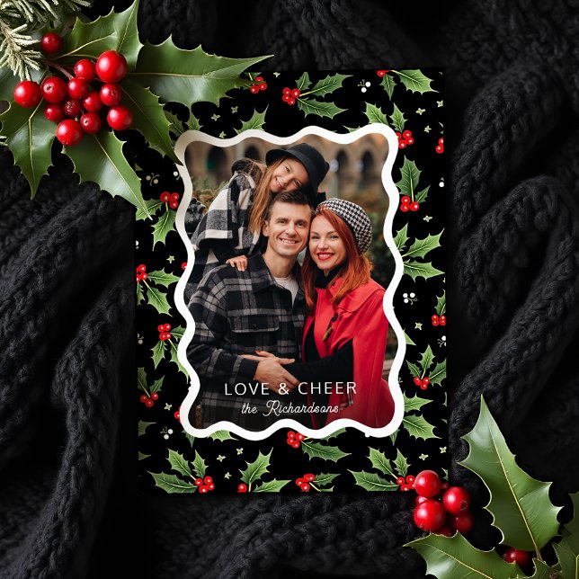 Tarjeta Festiva Navidades negros en negrita Holly Wavy Frame Photo (Subido por el creador)
