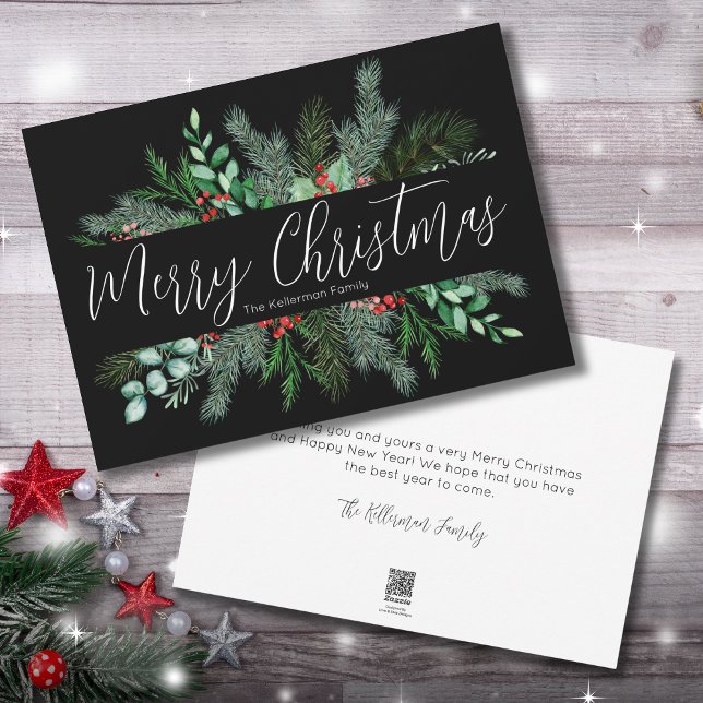 Tarjeta Festiva Navidades negros verdes (Greenery Red Green Black Merry Christmas Holiday Card)