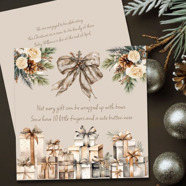 Tarjeta Festiva Navidades neutrales Poem Brown Bow (Cute Poem Rustic Christmas Card Pregnancy Announcement by Darling & May)