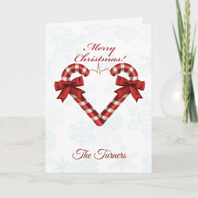Tarjeta Festiva Navidades nevados Candy Cane Heart Ekg Strip (Anverso)