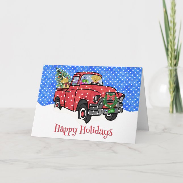 Tarjeta Festiva Navidades nevados rojos camioneros recuperadores d (Anverso)