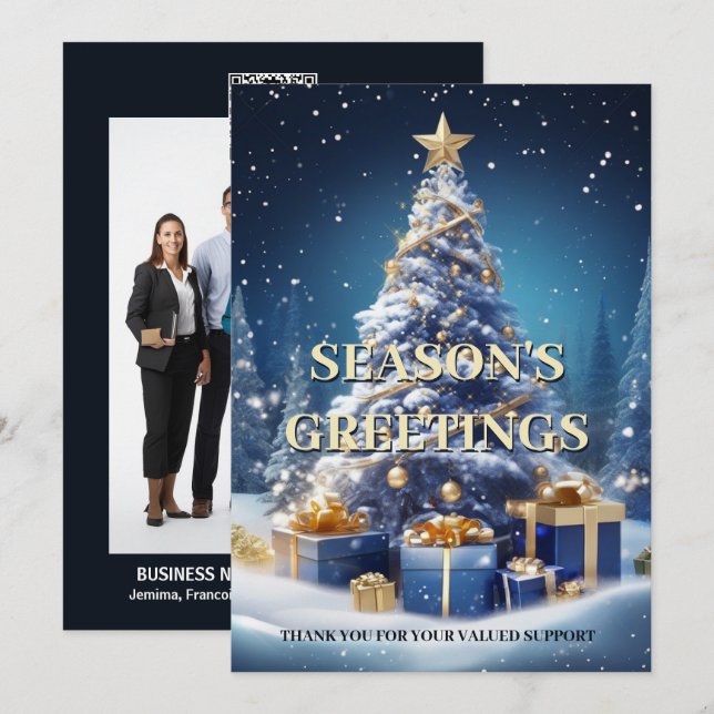 Tarjeta Festiva Navidades nevan árbol blanco azul negocios DIY fot (Anverso / Reverso)