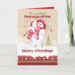 Tarjeta Festiva Navidades, nieta. Nieve abrazos a niños y Nieve<br><div class="desc">Una tarjeta de Navidades dulces para una nieta pequeña. Cuenta con un adorable niño de nieve abrazando su adorable cachorro de nieve. Lleva pañuelo y guantes gorras en rosa y rojo, y su cachorro lleva un sombrero de Santa. La nieve está cayendo a su alrededor y un borde de Navidades...</div>