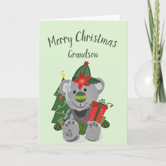 Tarjeta Festiva Navidades Nieto Cute Teddy Bear Fun (Anverso)