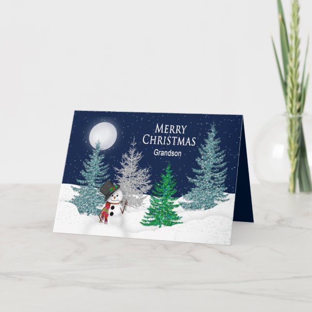 Tarjeta Festiva Navidades - Nieto - Nieve nocturna y hombre de nie (Anverso)