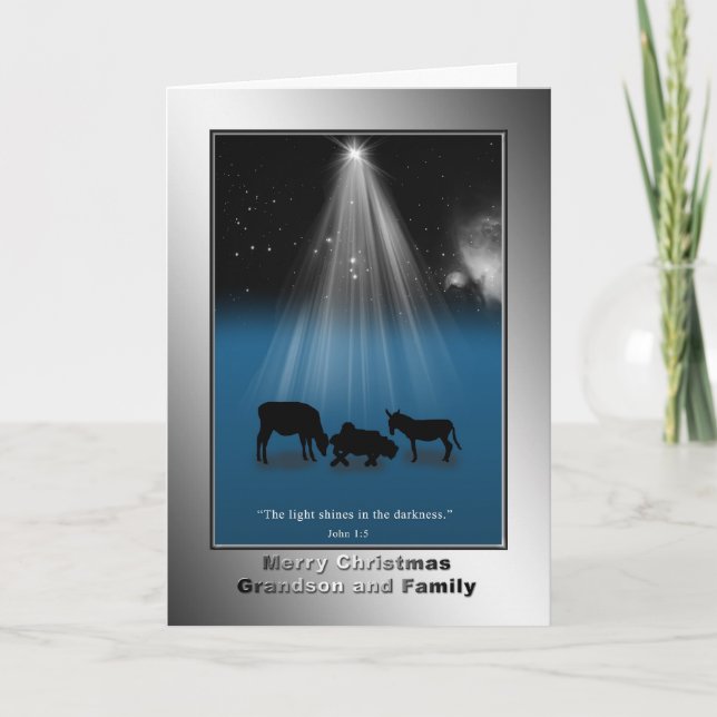 Tarjeta Festiva Navidades, nieto y familia, religión, carta (Anverso)