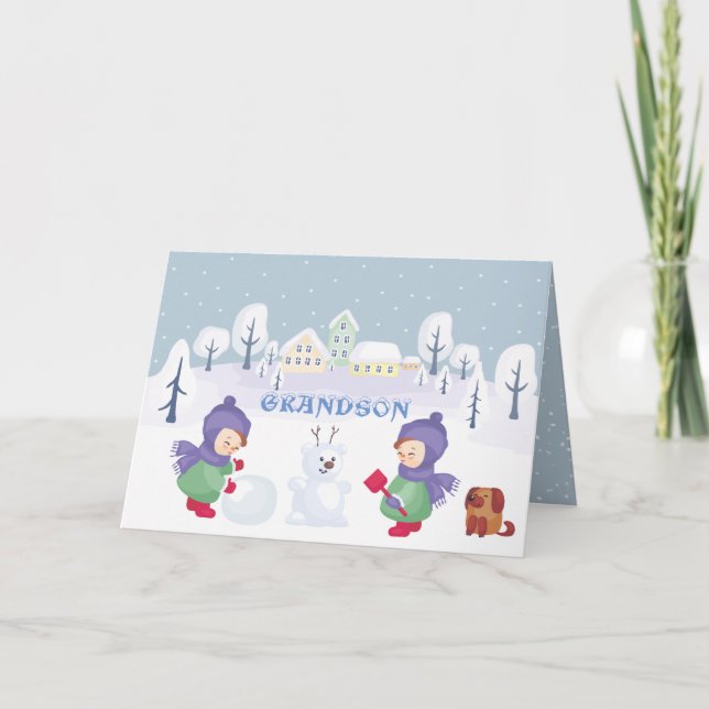 Tarjeta Festiva Navidades nietos Escena de Nieve Azul acuarela (Anverso)