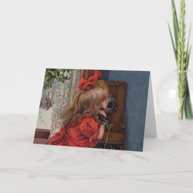 Tarjeta Festiva Navidades Niña Teléfono Antigüedad (Anverso)
