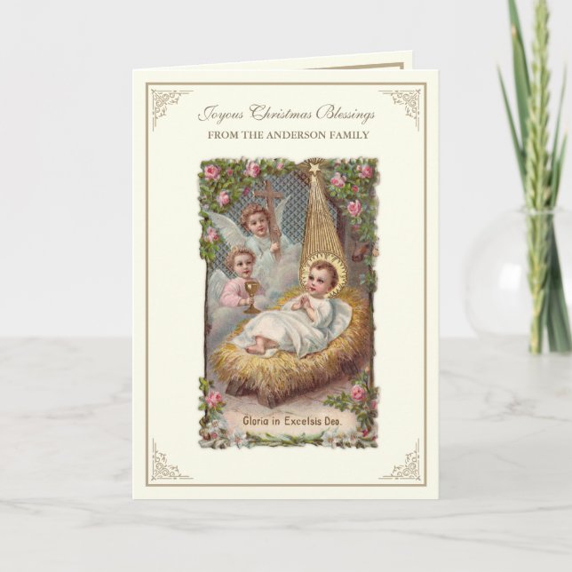 Tarjeta Festiva Navidades Niño Jesús Angels Poinsettias (Anverso)