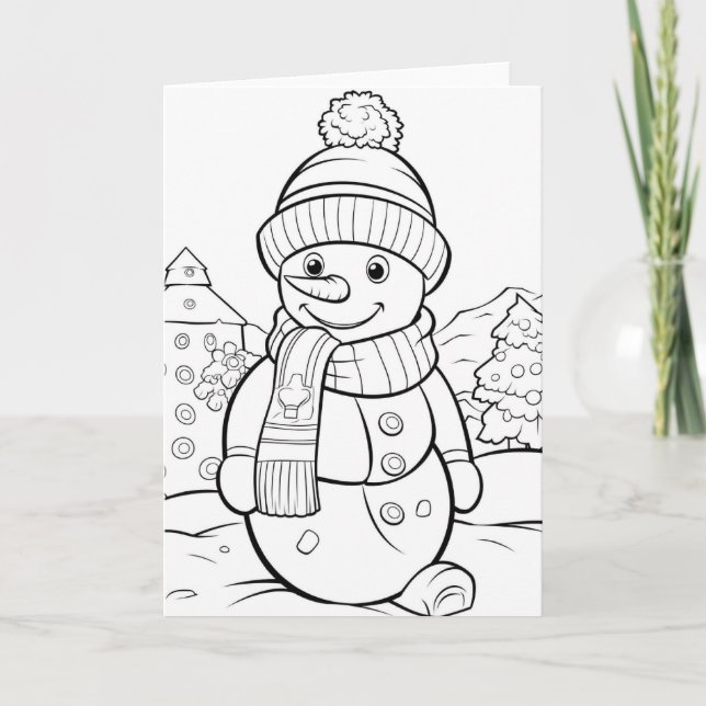 Tarjeta Festiva Navidades niños coloreando muñeco de nieve añaden  (Anverso)