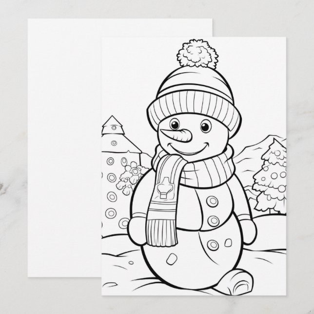 Tarjeta Festiva Navidades niños coloreando muñeco de nieve añaden  (Anverso / Reverso)