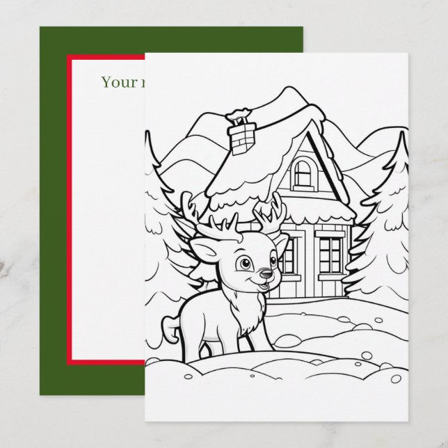 Tarjeta Festiva Navidades niños coloreando renos (Anverso / Reverso)