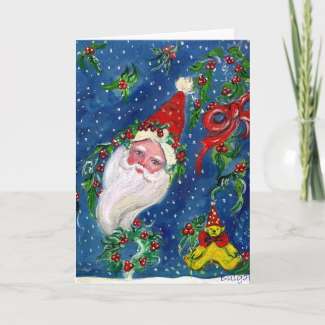 TARJETA FESTIVA NAVIDADES NOCHE / SANTA CON JUGUETES Y HOLLYBERRIE (Anverso)