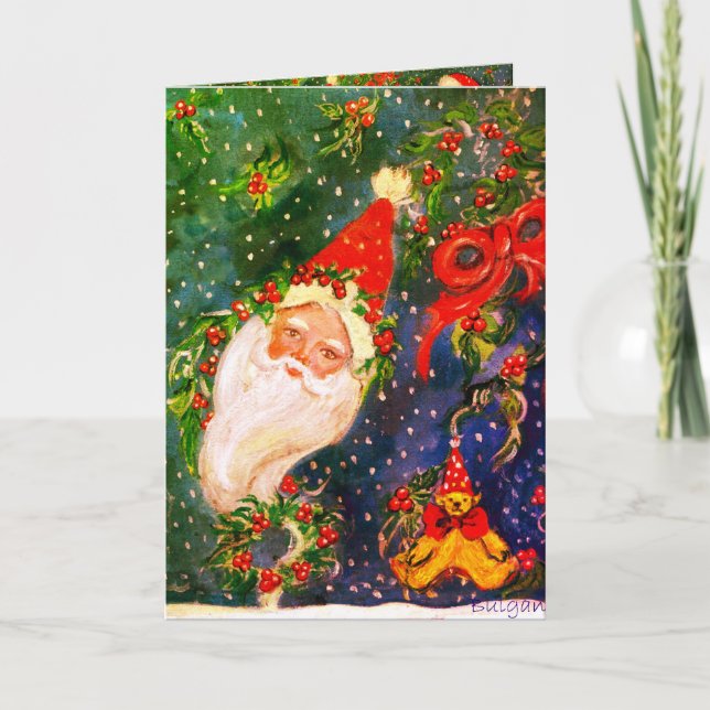 TARJETA FESTIVA NAVIDADES NOCHE / SANTA CON JUGUETES Y HOLLYBERRIE (Anverso)