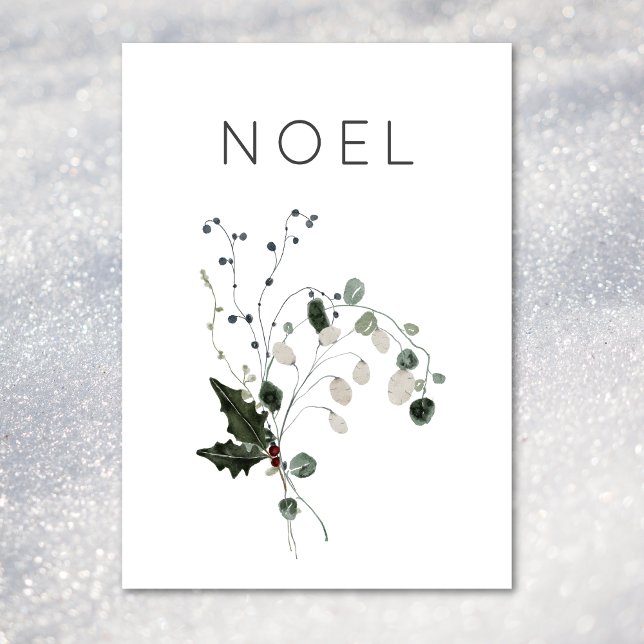 Tarjeta Festiva Navidades Noel Rustic Minimal Holly Greenery (Christmas Noel Rustic Minimal Holly Greenery Holiday Card)