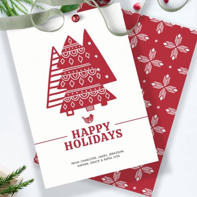 Tarjeta Festiva Navidades nórdicos de árbol escandinavo personaliz (Scandinavian Tree Nordic Christmas Personalized Holiday Card by Ricaso. Designed in red and white.)