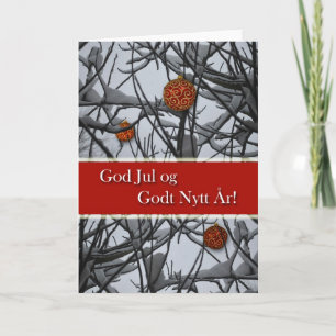 Tarjeta Festiva Navidades noruegos, ornamentos en nieve