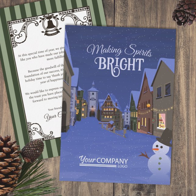 Tarjeta Festiva Navidades Nostalgic Business Logo Luces Azul (Nostalgic Christmas Lights Company Holiday Greeting Cards Blue Rothenburg, German, old Bavarian Town)