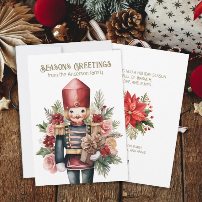 Tarjeta Festiva Navidades Nutcracker (Nutcracker Christmas holiday greeting card personalized with your family name and message.)
