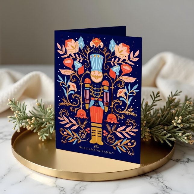 Tarjeta Festiva Navidades Nutcracker Floral Folk Arte Deep Blue (Christmas Nutcracker Floral Folk Art Deep Blue Holiday Card)