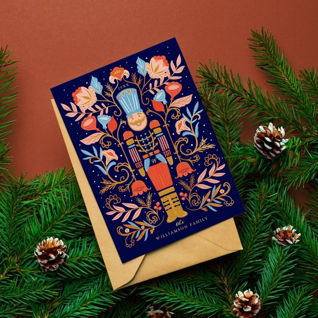 Tarjeta Festiva Navidades Nutcracker Floral Folk Arte Deep Blue (Christmas Nutcracker Floral Folk Art Deep Blue Holiday Card)