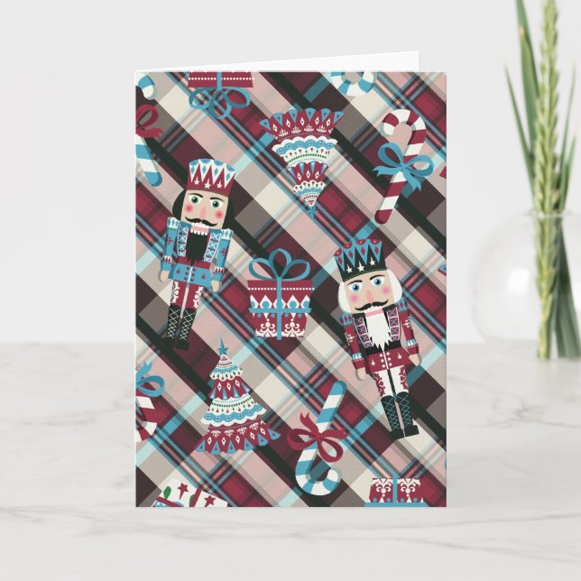 Tarjeta Festiva Navidades Nutcracker Plaid Blue Burgundy (Anverso)