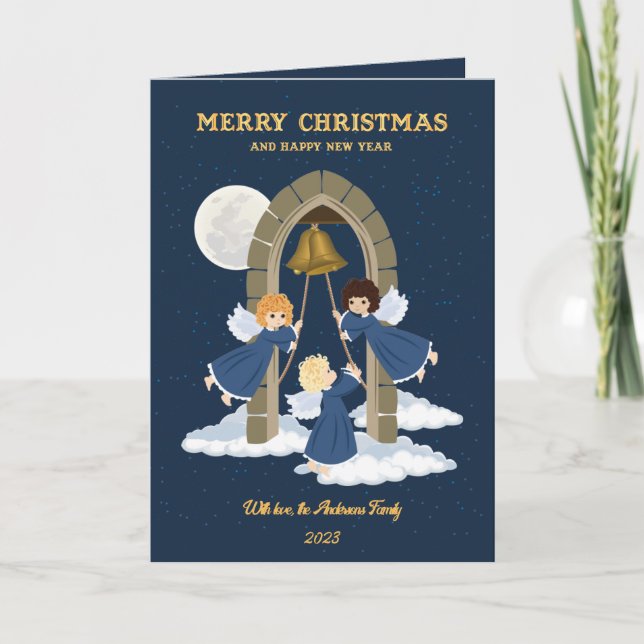 Tarjeta Festiva Navidades oro azul lindo niños angel campanilla fo (Anverso)