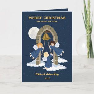 Tarjeta Festiva Navidades oro azul lindo niños angel campanilla fo