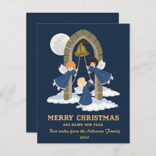 Tarjeta Festiva Navidades oro azul lindo niños angelito campanilla
