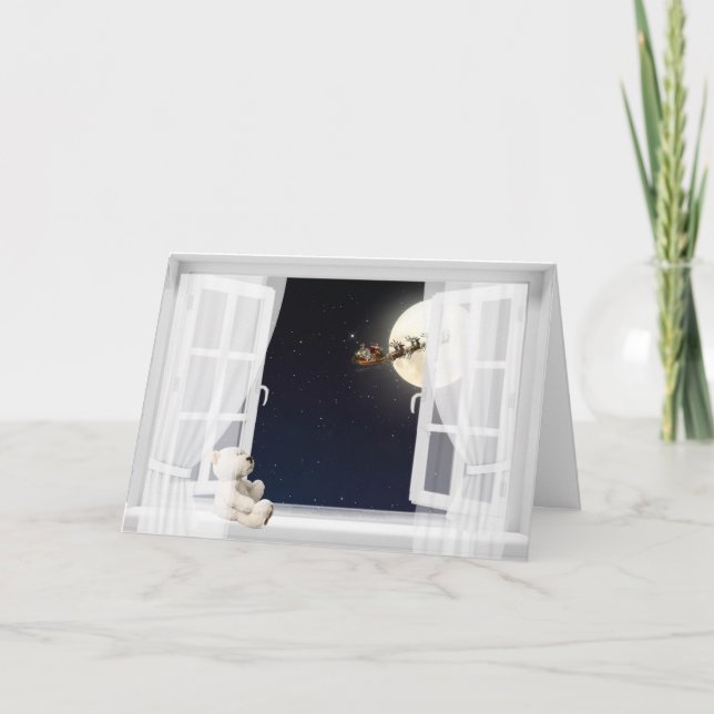 Tarjeta Festiva Navidades Oso de Teddy en la ventana (Anverso)
