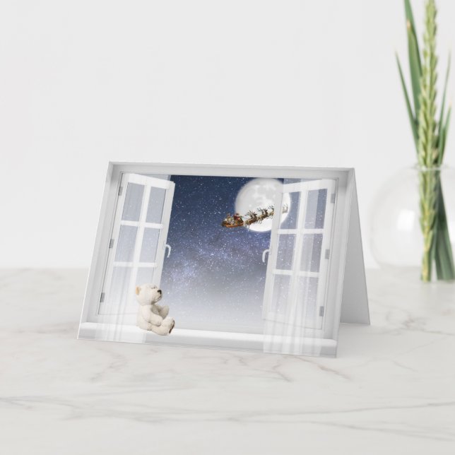 Tarjeta Festiva Navidades Oso de Teddy en la ventana (Anverso)