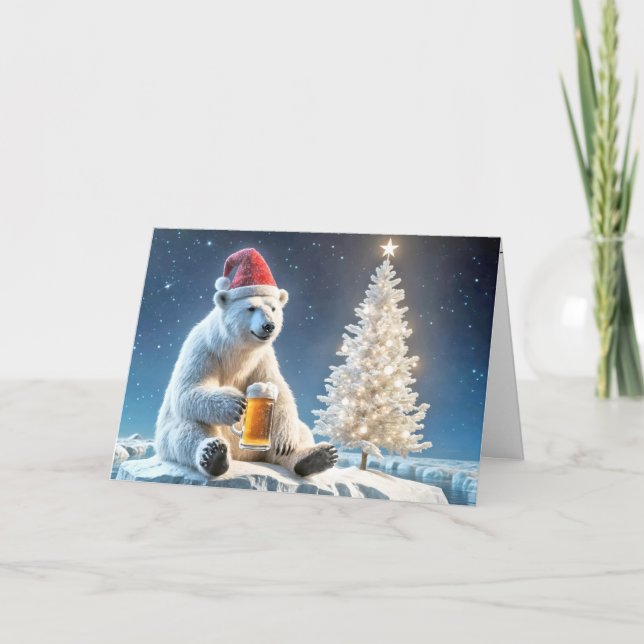 Tarjeta Festiva Navidades Oso Polar Con Cerveza (Anverso)