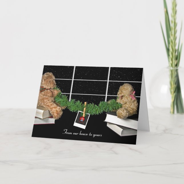 Tarjeta Festiva Navidades osos de peluche en la ventana (Anverso)