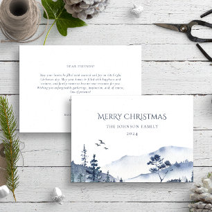 Tarjeta Festiva Navidades Paisaje del bosque de invierno Azul Blan