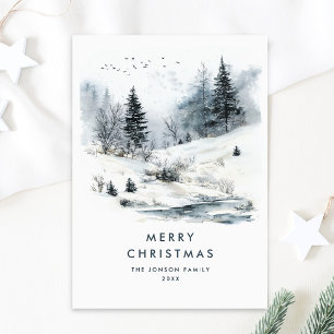 Tarjeta Festiva Navidades paisajistas acuarollas de invierno