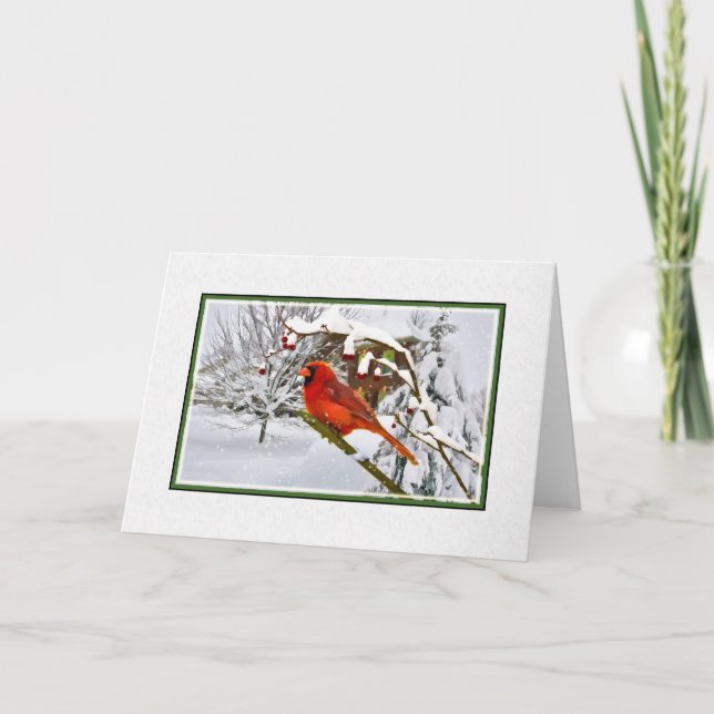 Tarjeta Festiva Navidades, pájaro cardinal, nieve, carta (Anverso)