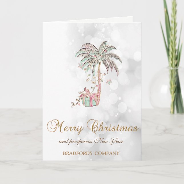 Tarjeta Festiva Navidades Palm Tree,Present,String Lights,Bokeh (Anverso)