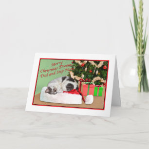 Tarjeta Festiva Navidades, papá y mamá escalonada, gato durmiendo