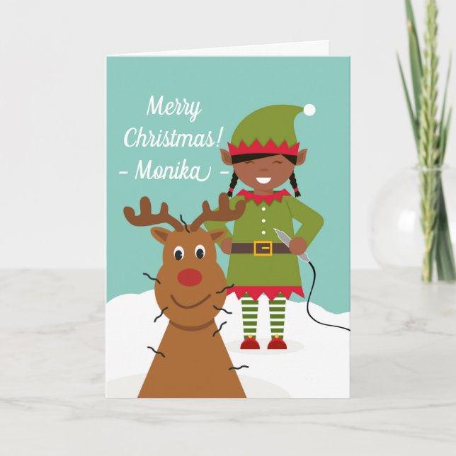 Tarjeta Festiva Navidades para electrologista con elfo y reno (Anverso)
