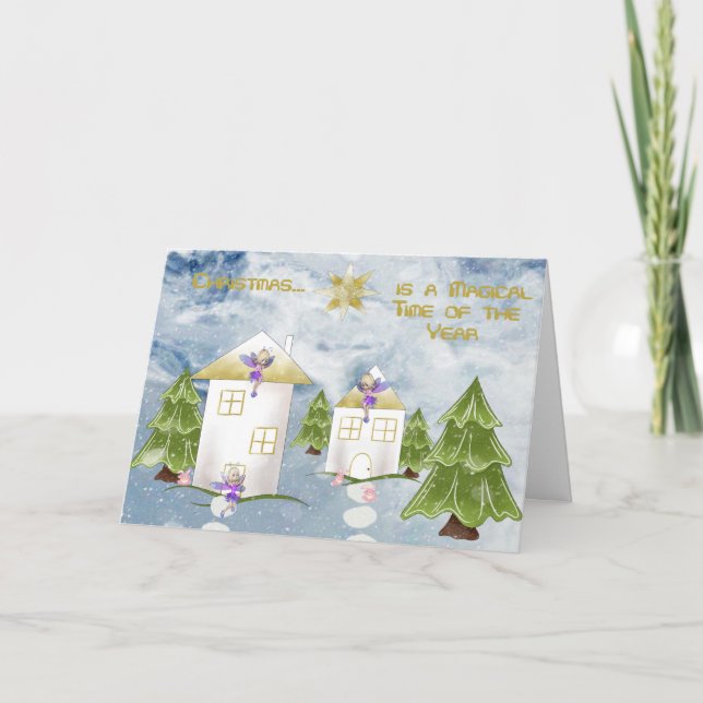 Tarjeta Festiva Navidades para niños con nieve de árboles de casas (Anverso)